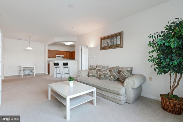 living room featuring baseboards and light carpet