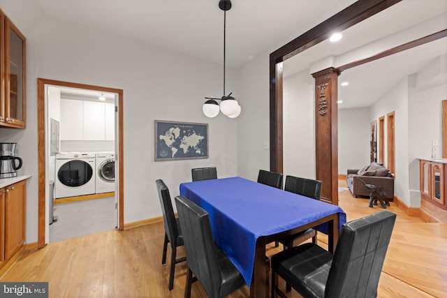 4544 30th St NW, Washington, DC 20008 - dining room with recessed lighting, baseboards, washer and clothes dryer, light wood-type flooring, and ornate columns