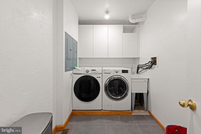 4544 30th St NW, Washington, DC 20008 - washroom with electric panel, cabinet space, washing machine and clothes dryer, dark tile patterned flooring, and baseboards