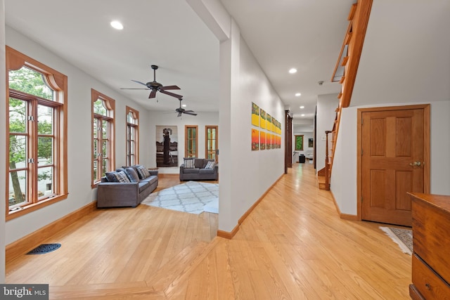 4544 30th St NW, Washington, DC 20008 - hallway with light wood-type flooring, visible vents, recessed lighting, stairway, and baseboards