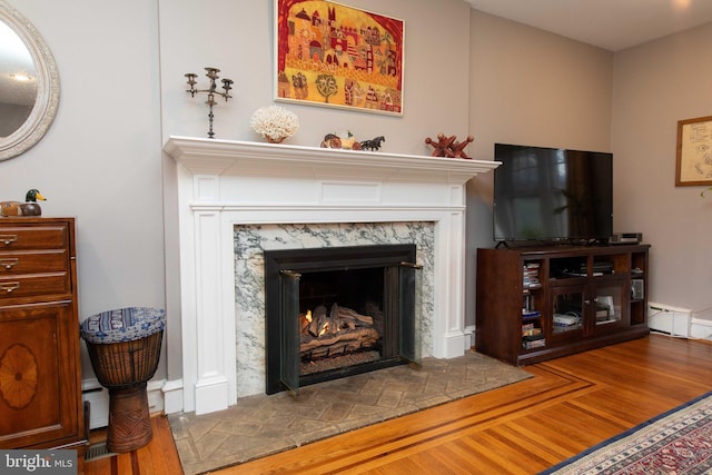 detailed view of a fireplace and wood finished floors