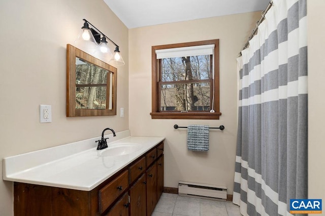 145 Firtree Dr, Wintergreen Resort, VA 22967 - full bathroom with vanity, tile patterned floors, baseboards, and a baseboard radiator