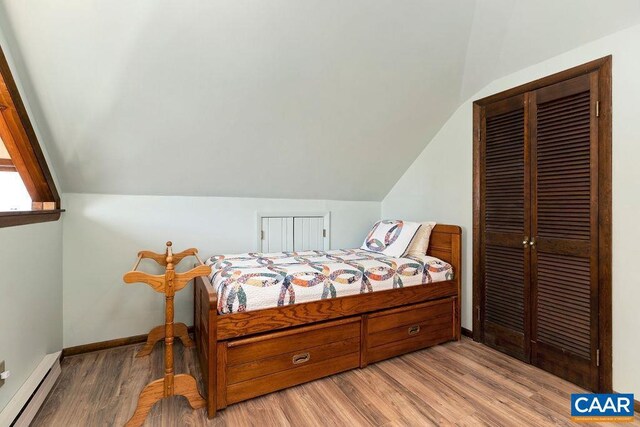 145 Firtree Dr, Wintergreen Resort, VA 22967 - bedroom featuring baseboards, light wood finished floors, vaulted ceiling, a closet, and a baseboard heating unit