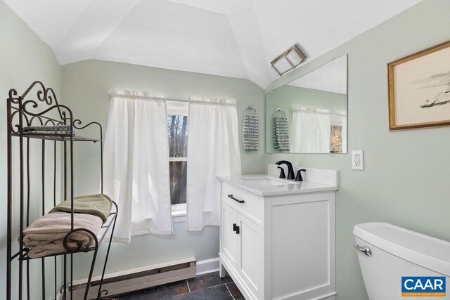145 Firtree Dr, Wintergreen Resort, VA 22967 - bathroom featuring toilet, vanity, a baseboard heating unit, and vaulted ceiling