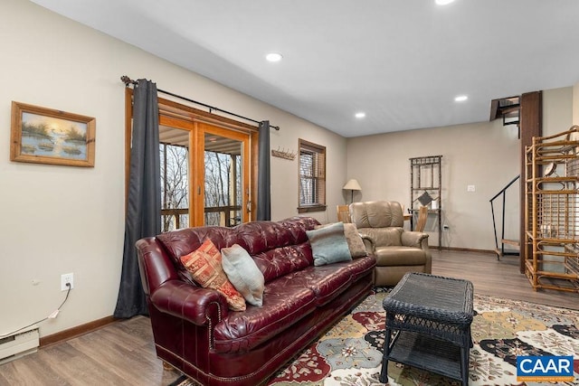 145 Firtree Dr, Wintergreen Resort, VA 22967 - living room with recessed lighting, wood finished floors, baseboards, and a baseboard radiator