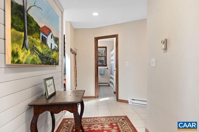 145 Firtree Dr, Wintergreen Resort, VA 22967 - corridor with baseboards, a baseboard radiator, light tile patterned flooring, recessed lighting, and a baseboard heating unit