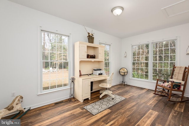 office featuring baseboards and dark wood-style flooring