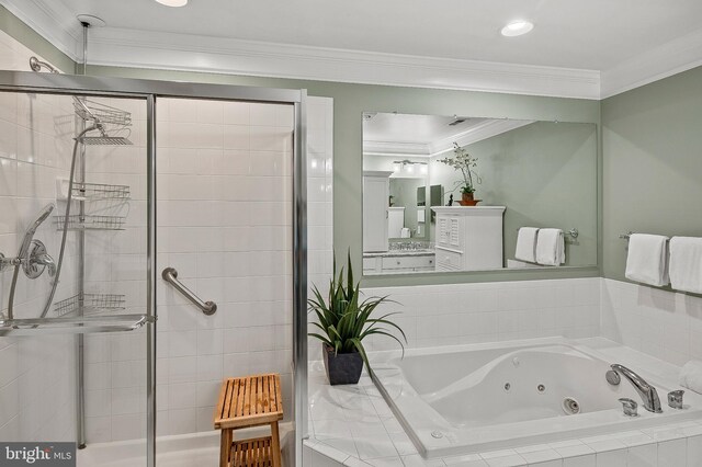 8725 Warm Waves Way Unit 10, Columbia, MD 21045 - bathroom with a tub with jets, a shower stall, and crown molding