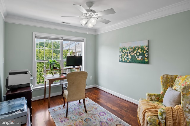 8725 Warm Waves Way Unit 10, Columbia, MD 21045 - office area with ornamental molding, a ceiling fan, dark wood-type flooring, and baseboards