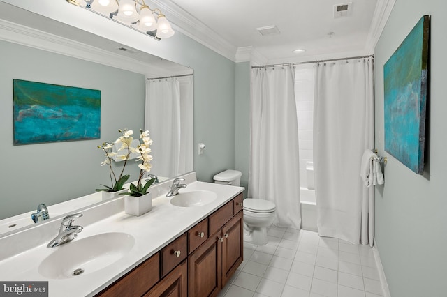 8725 Warm Waves Way Unit 10, Columbia, MD 21045 - bathroom featuring toilet, tile patterned flooring, double vanity, ornamental molding, and shower / bath combination with curtain