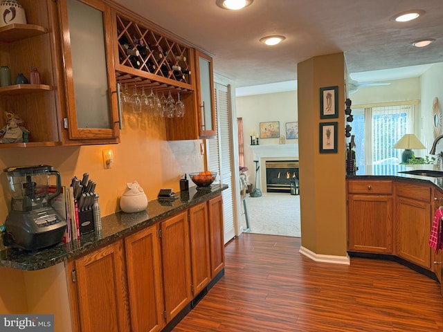 22 Chilmark Ct, Bear, DE 19701 - bar featuring dark wood-type flooring, a ceiling fan, a sink, a glass covered fireplace, and a dry bar