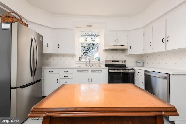 100 Wall St, Queenstown, MD 21658 - kitchen with light countertops, stainless steel appliances, under cabinet range hood, a sink, and white cabinets