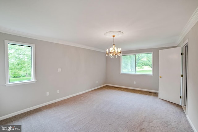 8012 Exodus Dr, Gaithersburg, MD 20882 - empty room with ornamental molding, light carpet, baseboards, and a chandelier