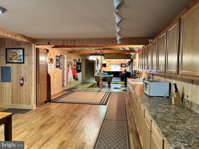 385 Elk Crk, Aaronsburg, PA 16820 - miscellaneous room featuring wooden walls, light wood-style flooring, track lighting, billiards, and electric panel