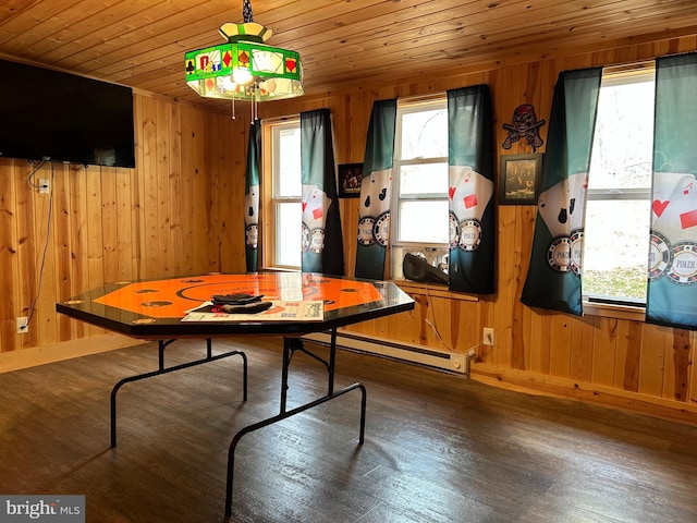 385 Elk Crk, Aaronsburg, PA 16820 - unfurnished dining area featuring baseboards, wood walls, wooden ceiling, and wood finished floors