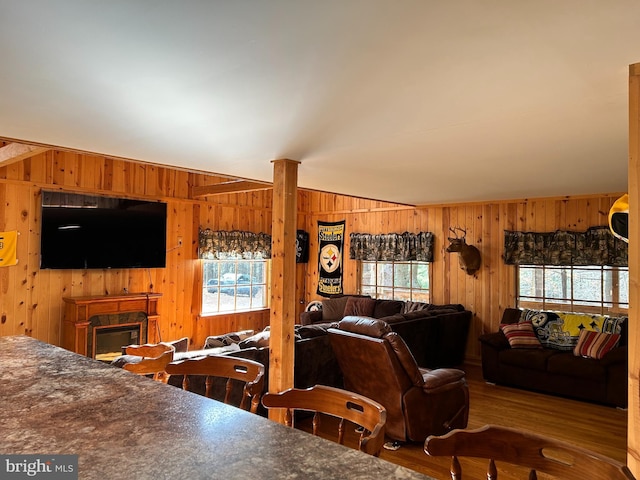 385 Elk Crk, Aaronsburg, PA 16820 - dining area featuring a glass covered fireplace, wood walls, vaulted ceiling, and wood finished floors