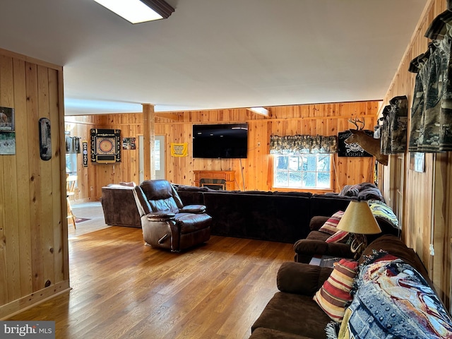 385 Elk Crk, Aaronsburg, PA 16820 - living area featuring light wood-style floors, a fireplace, and wooden walls