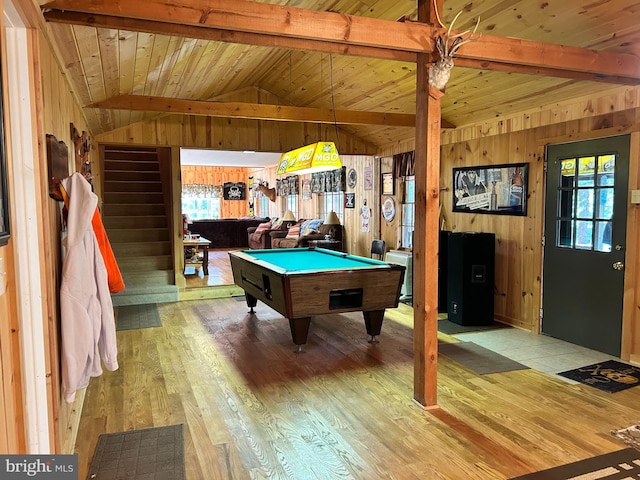 385 Elk Crk, Aaronsburg, PA 16820 - game room featuring wooden ceiling, light wood finished floors, vaulted ceiling with beams, wooden walls, and billiards