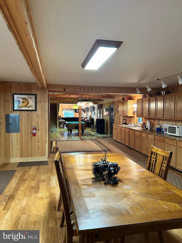 385 Elk Crk, Aaronsburg, PA 16820 - dining space with electric panel, billiards, wood walls, and light wood-type flooring