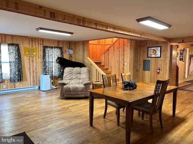385 Elk Crk, Aaronsburg, PA 16820 - dining room with stairs, wood finished floors, and wood walls