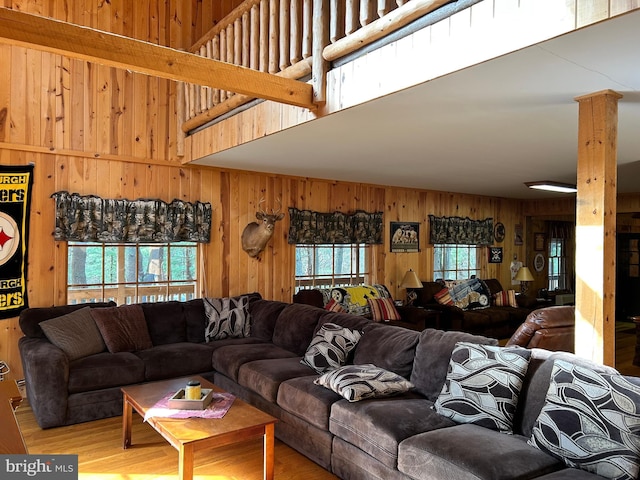 385 Elk Crk, Aaronsburg, PA 16820 - living area with a high ceiling, wood walls, and wood finished floors