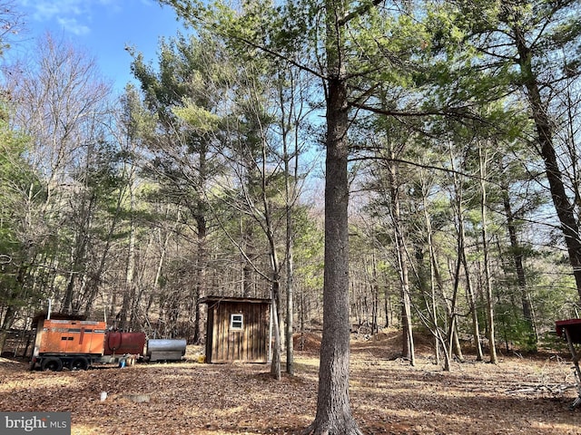 385 Elk Crk, Aaronsburg, PA 16820 - view of yard with an outdoor structure, a wooded view, and a storage shed