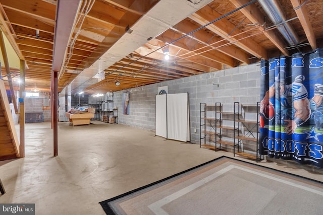 unfinished below grade area featuring concrete block wall