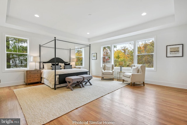 bedroom with baseboards, recessed lighting, a tray ceiling, and wood finished floors