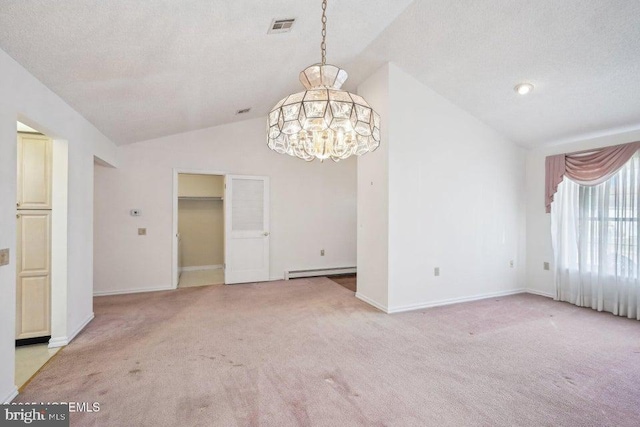empty room with light colored carpet, visible vents, a baseboard radiator, and lofted ceiling