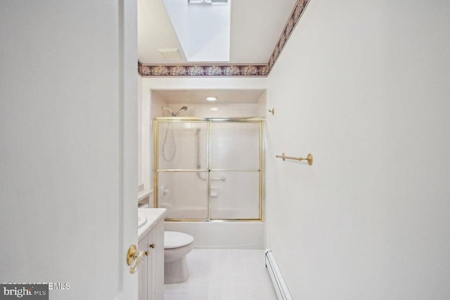 full bath with toilet, shower / bath combination with glass door, vanity, and a baseboard radiator