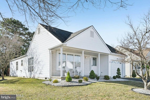 view of front of property featuring crawl space, aphalt driveway, a front yard, covered porch, and a garage