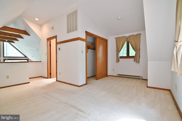 277 Anderson Rd, Basye, VA 22810 - additional living space featuring lofted ceiling, light carpet, a baseboard heating unit, and baseboards