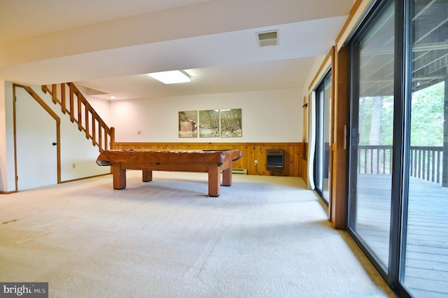 277 Anderson Rd, Basye, VA 22810 - playroom with carpet floors, a wainscoted wall, billiards table, a baseboard radiator, and heating unit