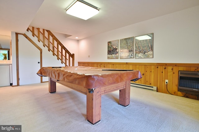 277 Anderson Rd, Basye, VA 22810 - playroom featuring baseboard heating, carpet floors, wainscoting, heating unit, and pool table