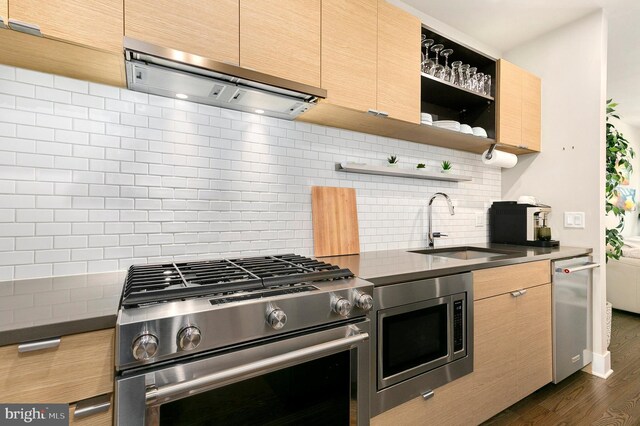 kitchen with decorative backsplash, open shelves, a sink, under cabinet range hood, and stainless steel appliances