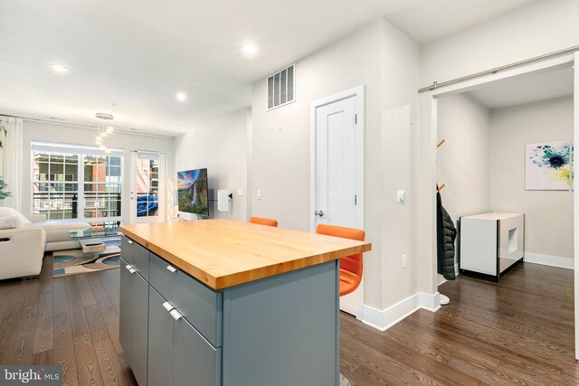 kitchen with visible vents, wood counters, baseboards, gray cabinetry, and dark wood-style floors