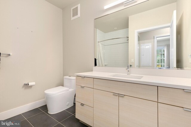 full bathroom with vanity, toilet, baseboards, tile patterned floors, and a shower with curtain