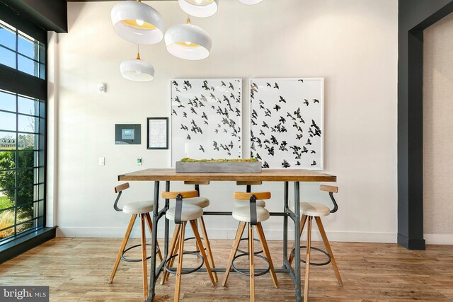dining area with baseboards and wood finished floors