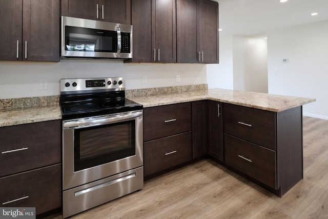 kitchen featuring stainless steel appliances, dark brown cabinets, a peninsula, and light wood finished floors