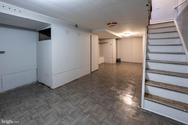 2105 S Woodstock St, Philadelphia, PA 19145 - finished basement featuring parquet floors and stairs