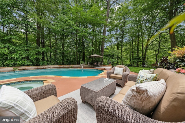 1342 Potomac School Rd, Mclean, VA 22101 - swimming pool featuring an outdoor hangout area, an in-ground hot tub, and a patio