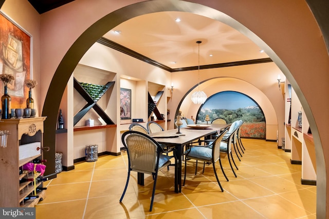 tiled dining area featuring recessed lighting, baseboards, and ornamental molding