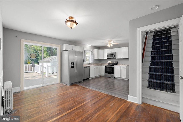 kitchen featuring white cabinets, a ceiling fan, appliances with stainless steel finishes, and dark wood-type flooring