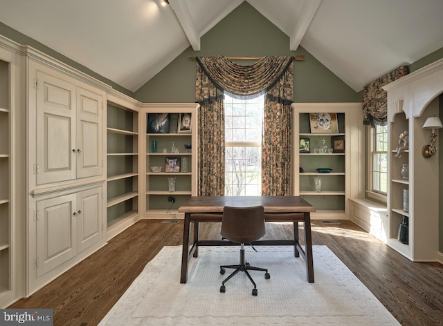 office space with vaulted ceiling with beams and dark wood-style flooring
