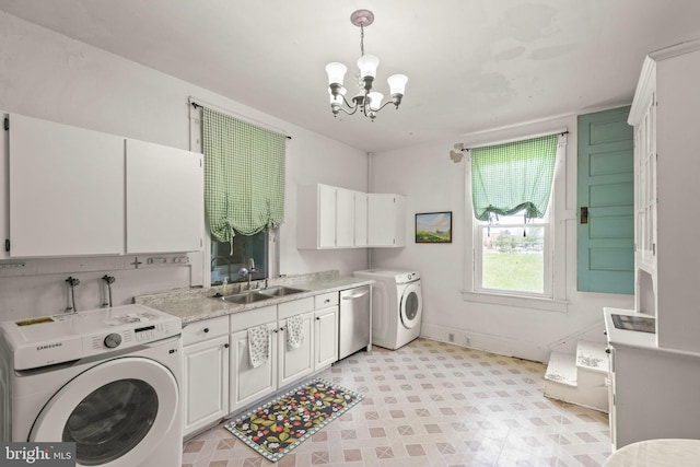911 Martinsburg Pike, Winchester, VA 22601 - laundry room featuring cabinet space, a chandelier, washer and dryer, and light floors