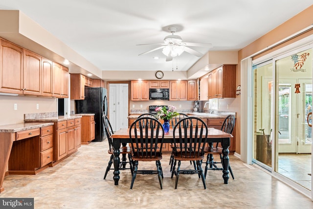 3672 Cimmeron Rd, York, PA 17402 - kitchen with a sink, black appliances, recessed lighting, a ceiling fan, and light stone countertops