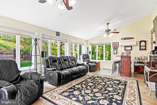 3672 Cimmeron Rd, York, PA 17402 - living room with a ceiling fan, a wall mounted air conditioner, a bar, and vaulted ceiling