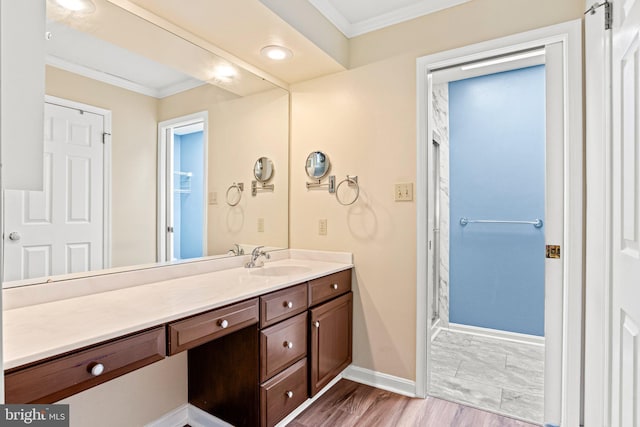 3672 Cimmeron Rd, York, PA 17402 - bathroom featuring baseboards, vanity, crown molding, and a shower