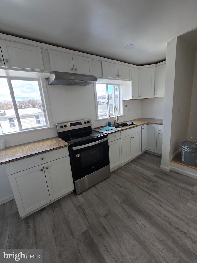 325 W Washington St, Tamaqua, PA 18252 - kitchen with a sink, under cabinet range hood, wood finished floors, stainless steel range with electric cooktop, and white cabinets