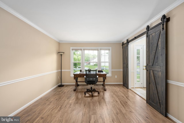 11 Ashbrook Rd, Stafford, VA 22554 - office area featuring a barn door, wood finished floors, baseboards, and ornamental molding